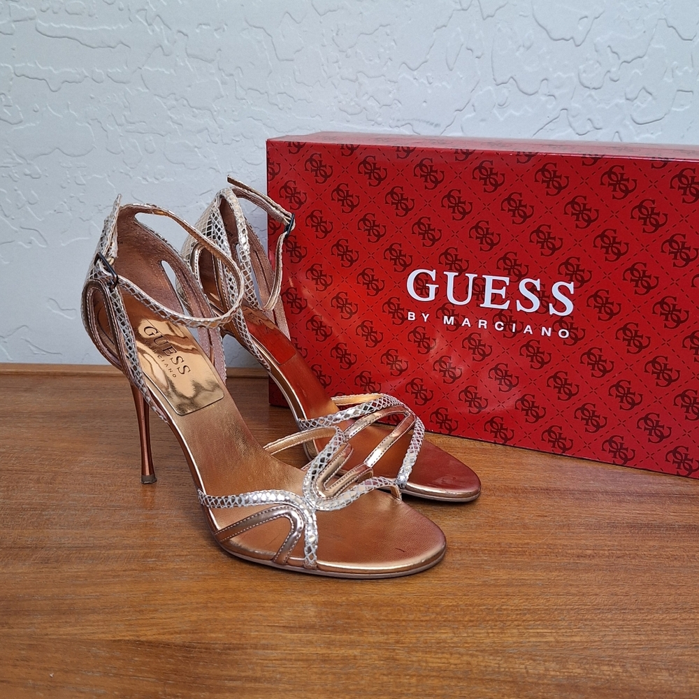 Guess Snake Print Stilettos Metallic Pink Rose Gold Leather Coquette Womens 6